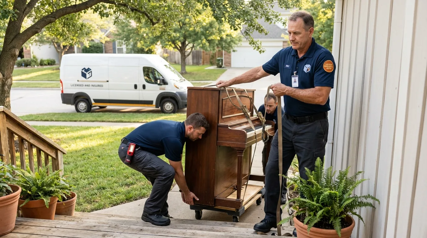 Licensed piano movers securing grand piano in Aberdeen Proving Ground, MD