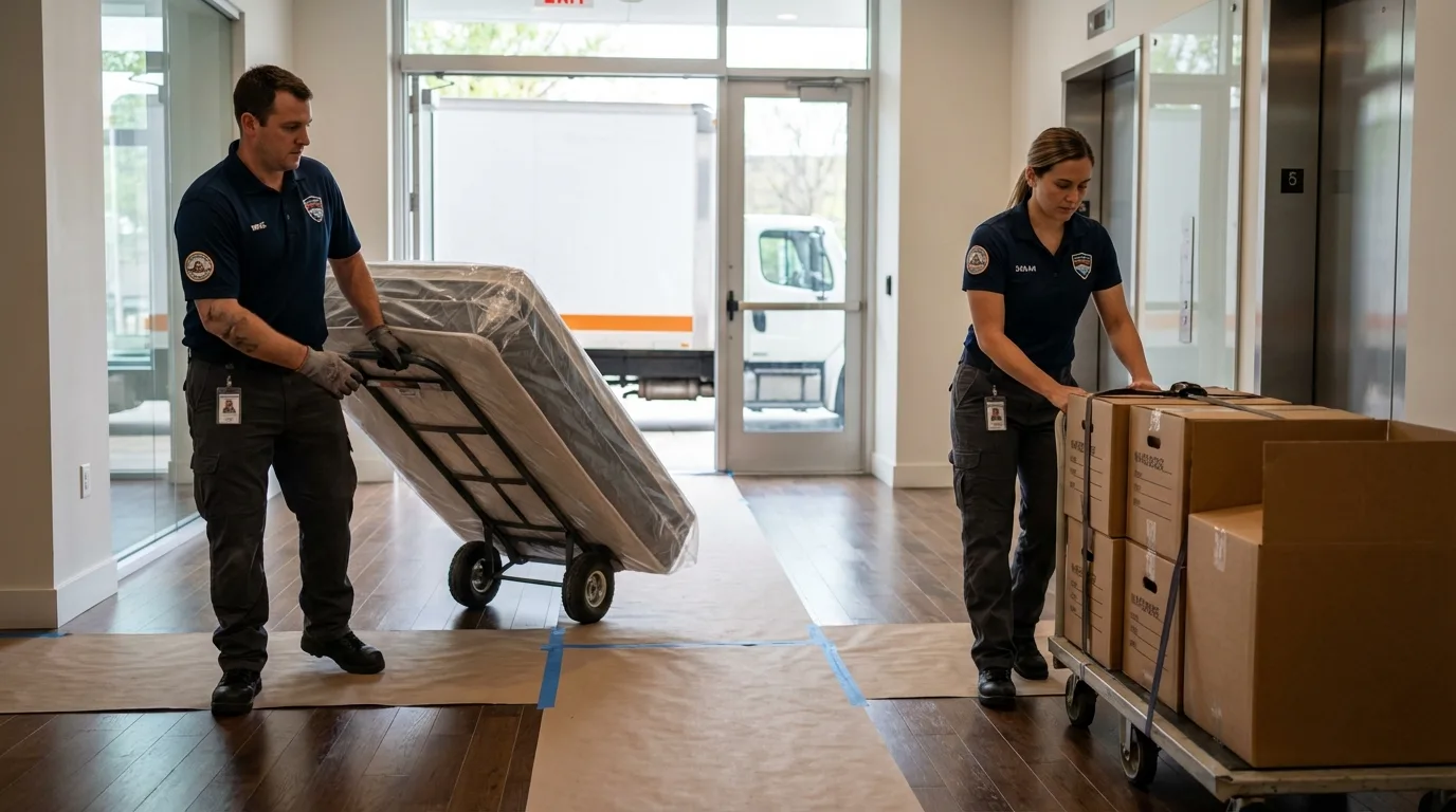 Professional apartment movers loading elevator in Aberdeen Proving Ground, MD