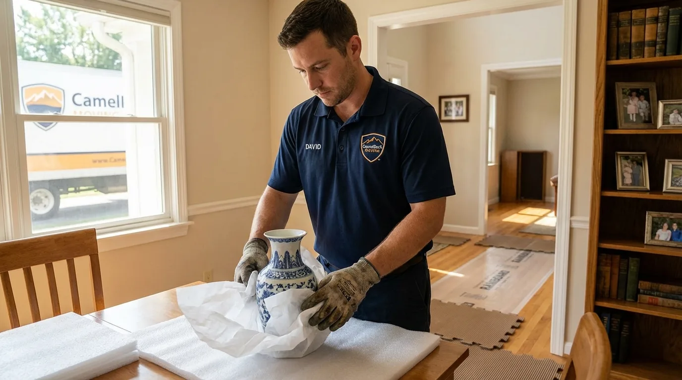 Professional crew carefully wrapping antique vase for senior downsizing move in Aberdeen Proving Ground, MD